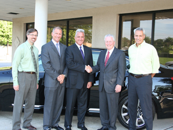left to right -Mark Barnhart (Director, Economic Development Commission Fairfield), Peter C. DiPersia (General Manager Hyundai Eastern Region), David Cartwright (Dealer Principal) Michael C. Tetreau (First Selectman, Fairfield), Jon Angel (President, Angel Commercial L.L.C.) standing in front of the new Hyundai Equus at the new dealership location on Post Road, Fairfield