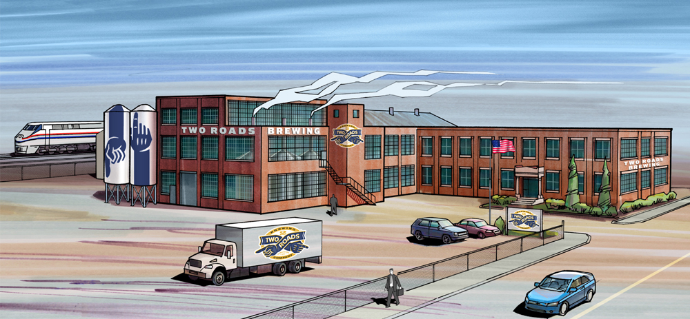 Artist’s illustration of adaptive re-use of the landmark Baird Building for the new Two Roads Brewery.