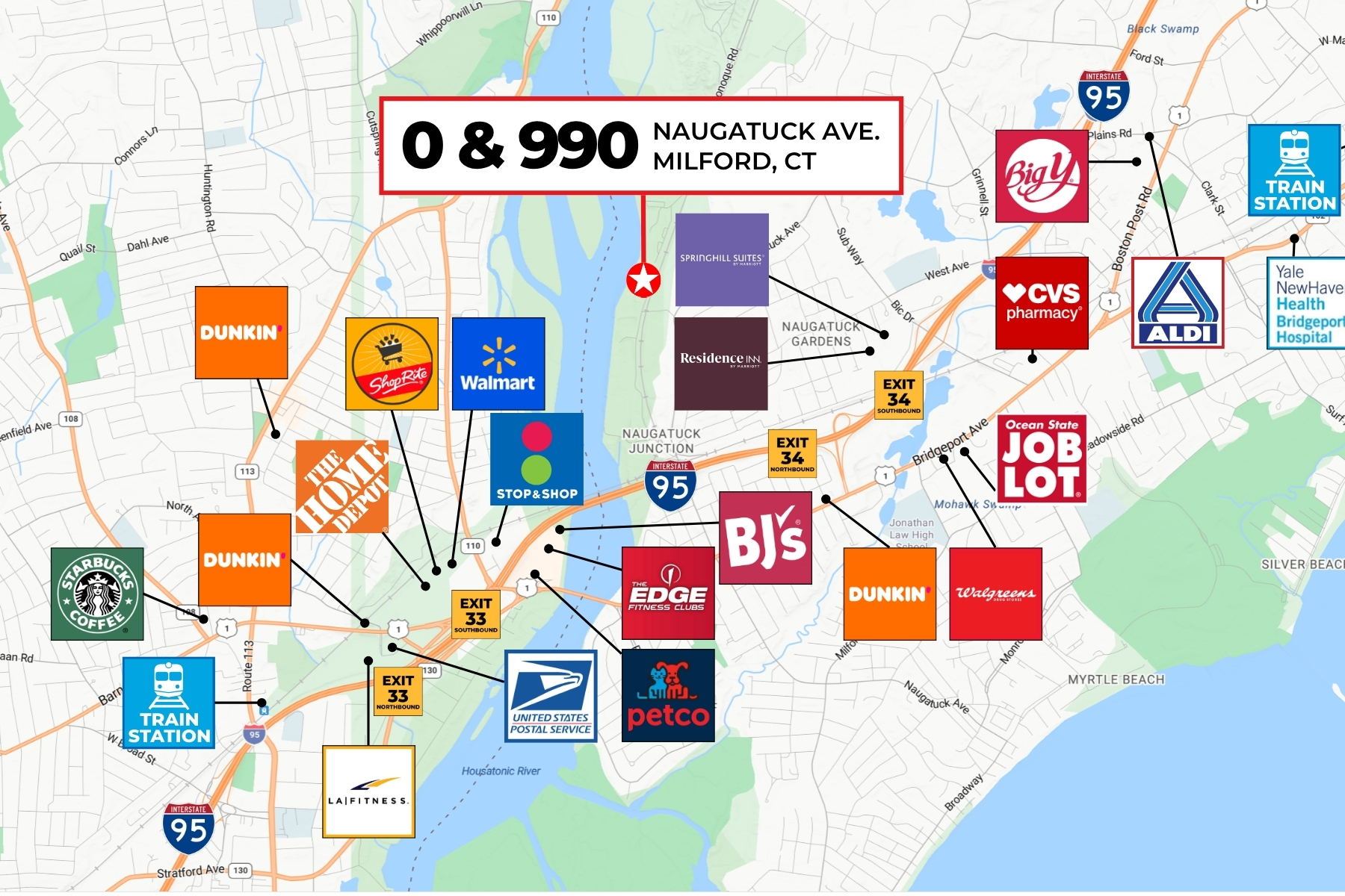 Strategically Located Minutes from I-95 and Metro-North Rail Local transit map showing proximity of Naugatuck Avenue property to Interstate 95 and Milford train station