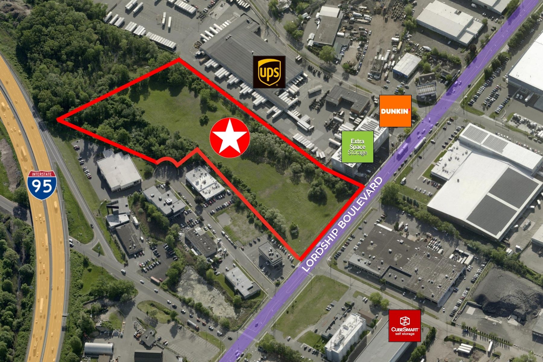 Strategic Frontage: 450' on Lordship Blvd with Immediate Access to I-95 (Exit 30) Aerial map of the 9.25-acre industrial property at 250 Lordship Boulevard in Stratford, CT, highlighting the 450 feet of frontage and its direct proximity to the I-95 highway exit.