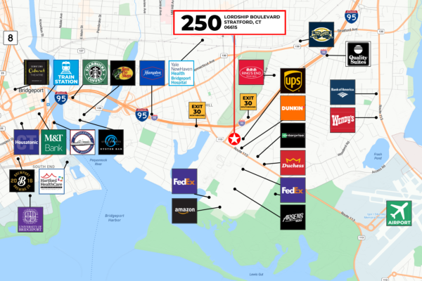Join the Giants: Positioned in the Logistics Heart of Stratford Alongside Amazon, FedEx, and UPS Aerial view showing logistics area in Stratford near Amazon, FedEx, and UPS.
