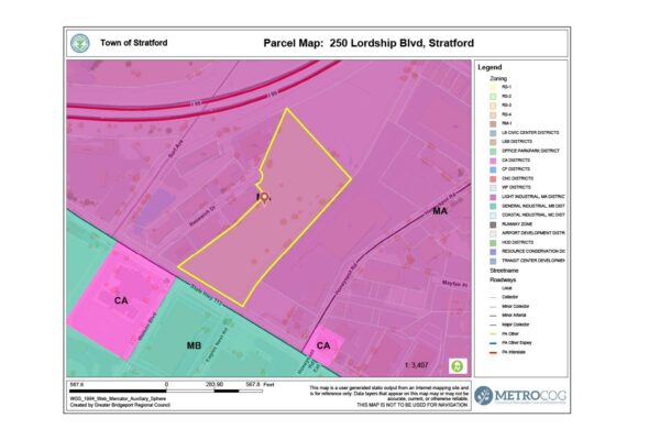 Located in a Light Industrial District (MA), Suitable for a Variety of Industrial and Commercial Uses Zoning map of 250 Lordship Blvd, Stratford, CT, highlighting the 9.25-acre parcel within the Light Industrial District (MA) suitable for commercial development.