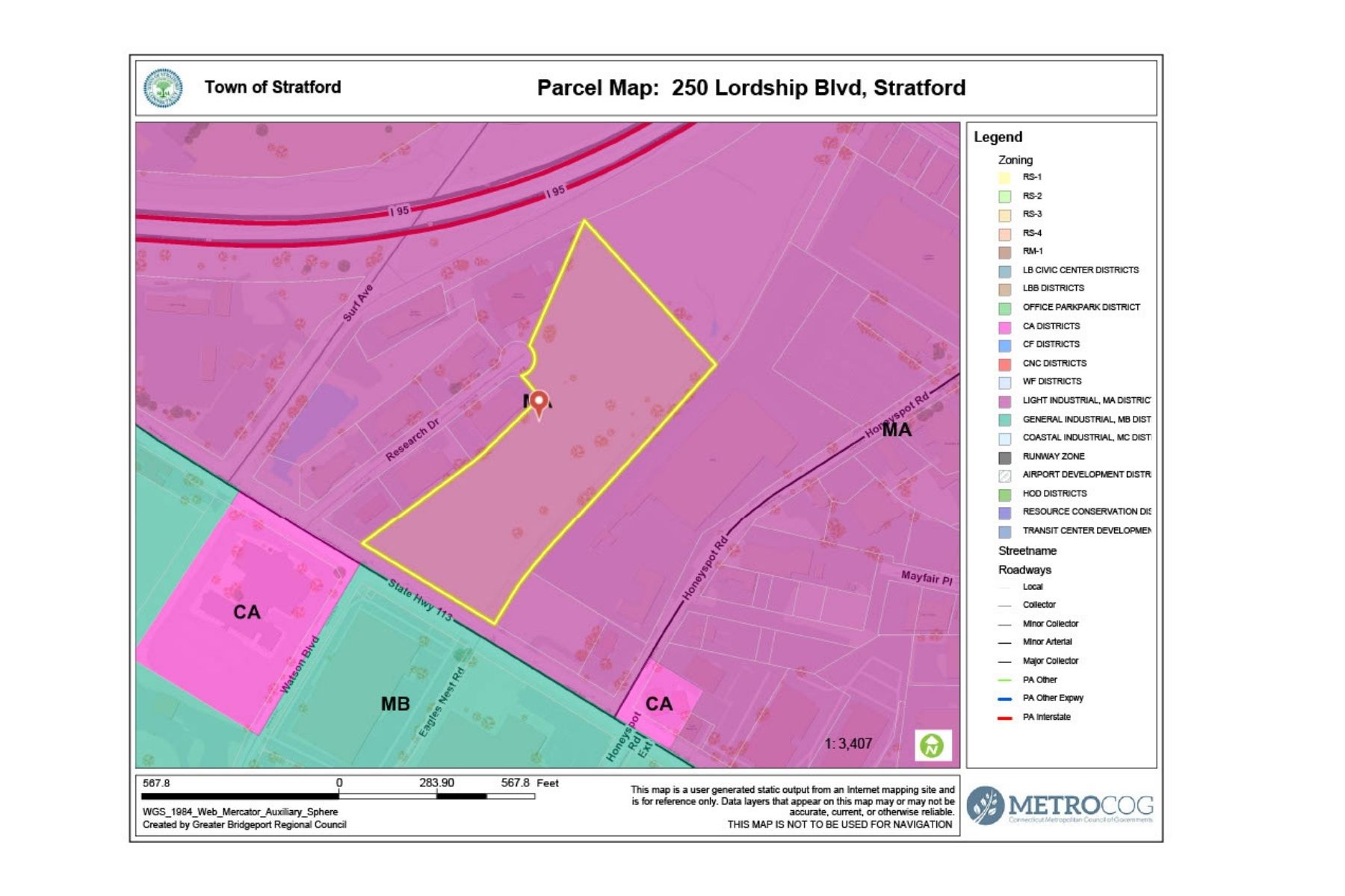 Located in a Light Industrial District (MA), Suitable for a Variety of Industrial and Commercial Uses Zoning map of 250 Lordship Blvd, Stratford, CT, highlighting the 9.25-acre parcel within the Light Industrial District (MA) suitable for commercial development.