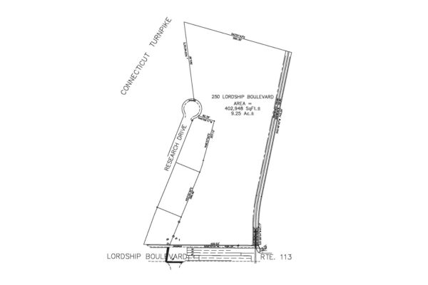9.25 Acres of Industrial Land with 450 of Frontage on Lordship Boulevard Black and white technical site plan of 250 Lordship Blvd, Stratford, CT, showing the 9.25-acre property boundaries, existing structures, and proposed layout.