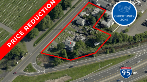 Aerial view of Surf Avenue development site in Stratford, CT, showing proximity to I-95 with red boundary lines and price reduction label.