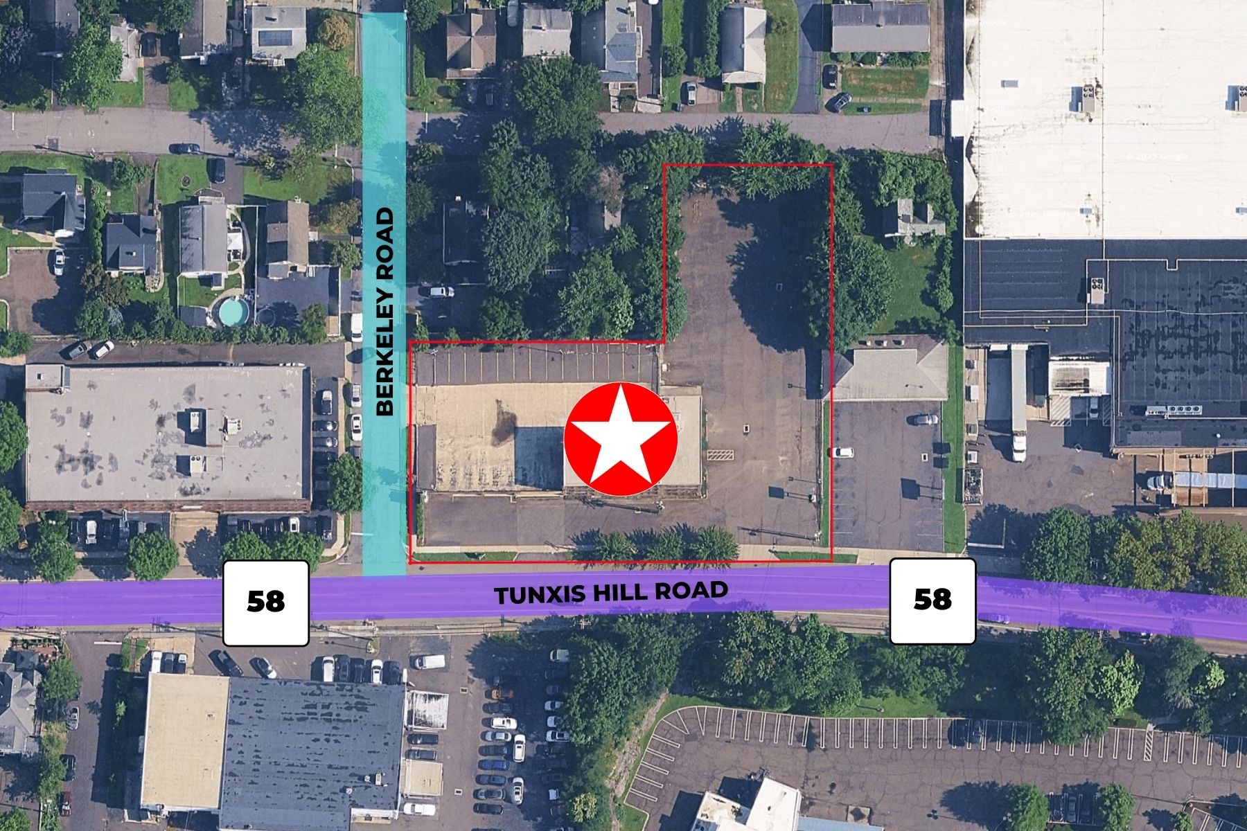 Maximize Visibility With 253 Feet Of Unobstructed Frontage Along Fairfield’s Busy Route 58 Retail Corridor Street view showing 253 feet of retail frontage along Route 58 for a commercial property in Fairfield.
