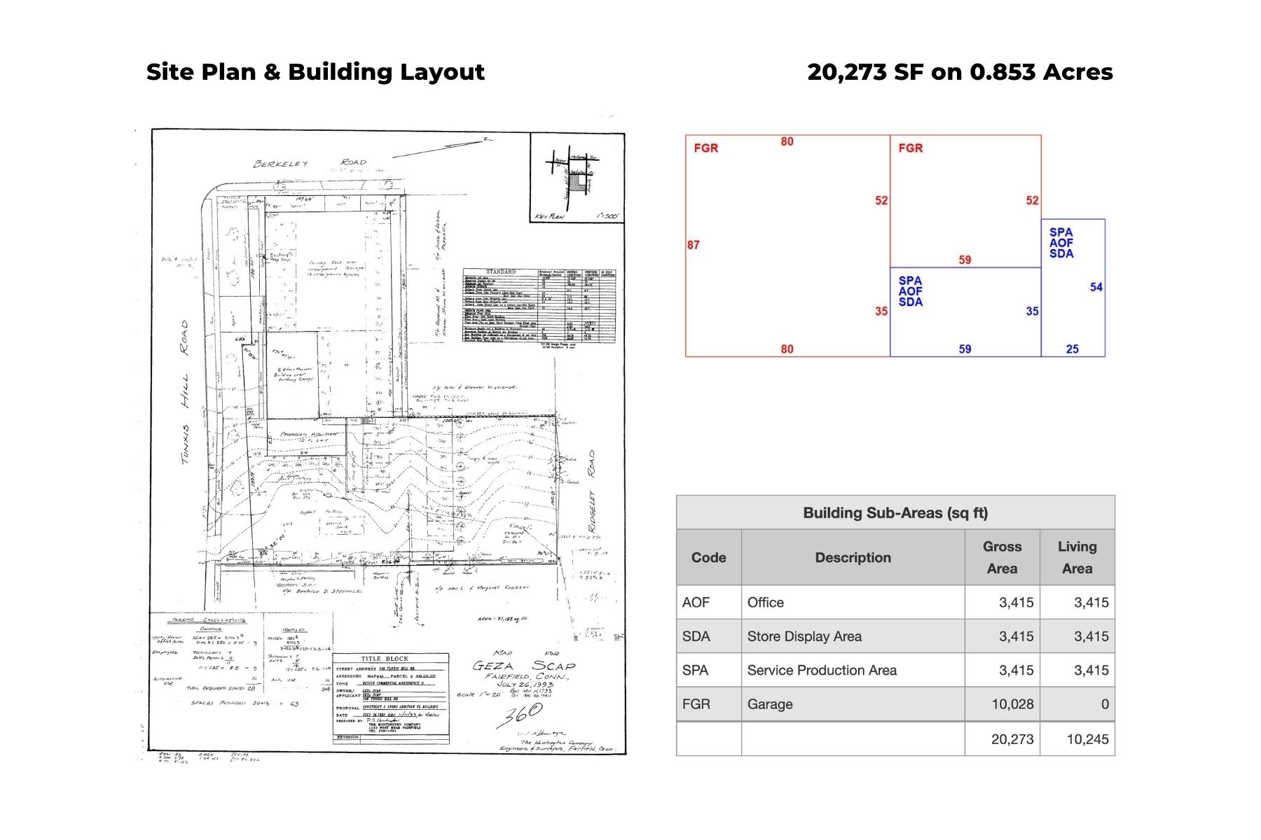 Flexible Site Plan Featuring A 10,245 SF Three-Story Section, 10,028 SF Garage, And 120 On-Site Parking Spaces Architectural site plan showing the building footprint and 120 parking spaces at 360 Tunxis Hill Road.
