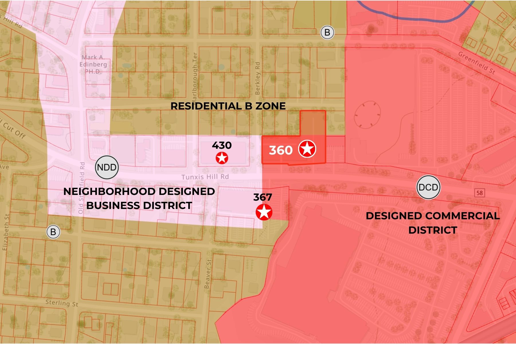 Flexible DCD Zoning With A Residential B Overlap Supports Mixed-Use, Retail, And Professional Office Developments Zoning map highlighting the Designed Commercial District with a Residential B overlap in Fairfield, CT.