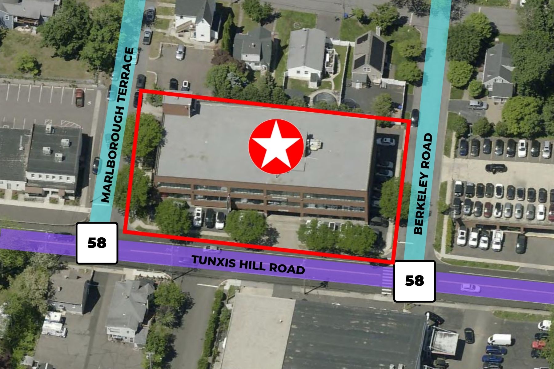 Highly Visible Site Featuring 200 Feet of Frontage on Route 58 Aerial Satellite View Outlining The Highly Visible Commercial Site On Route 58