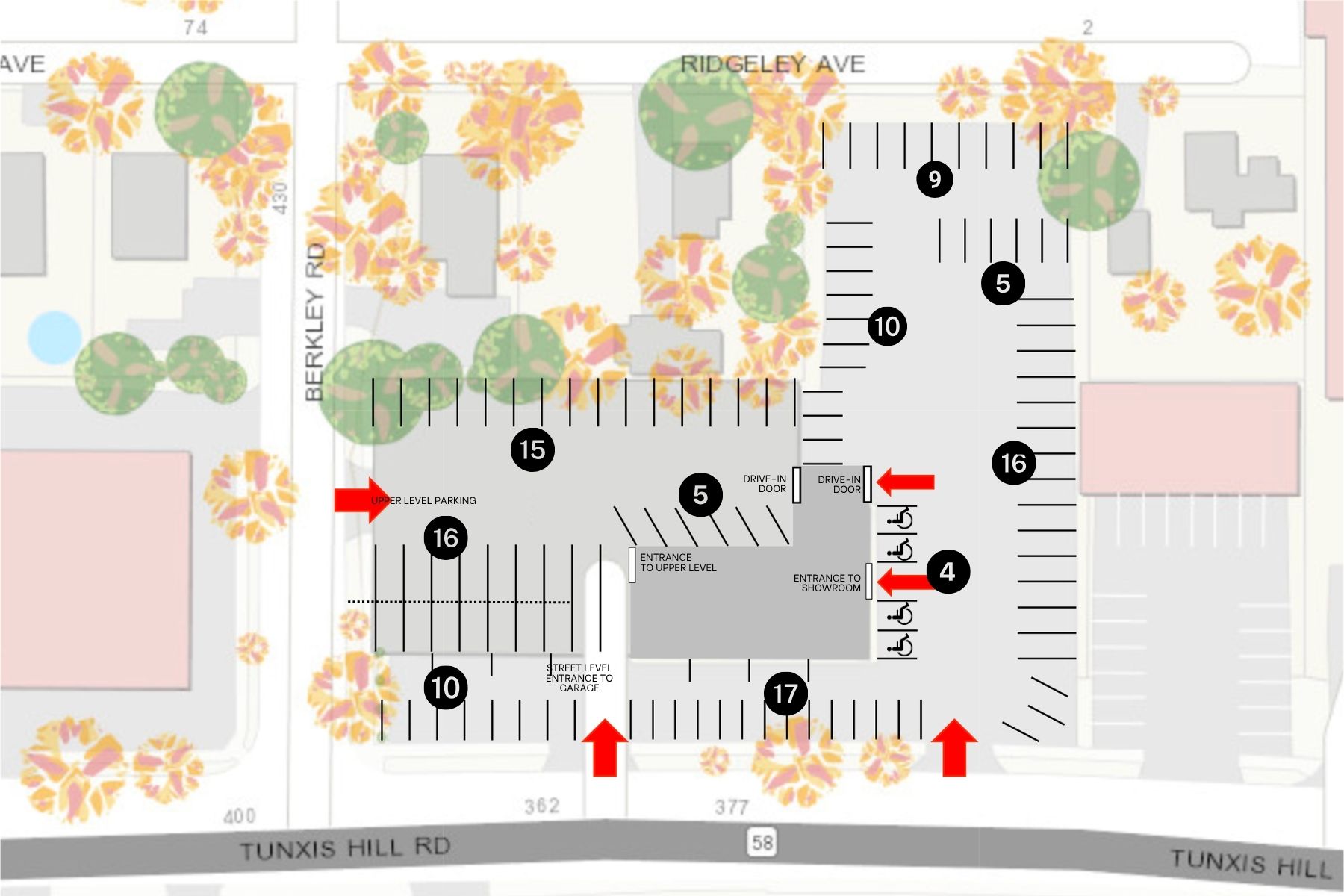 Easy Access With Three Curb Cuts And A Side Entrance Via Berkeley Road For Customers And Deliveries Drawing showing the three curb cuts and parking lot access for the commercial property.