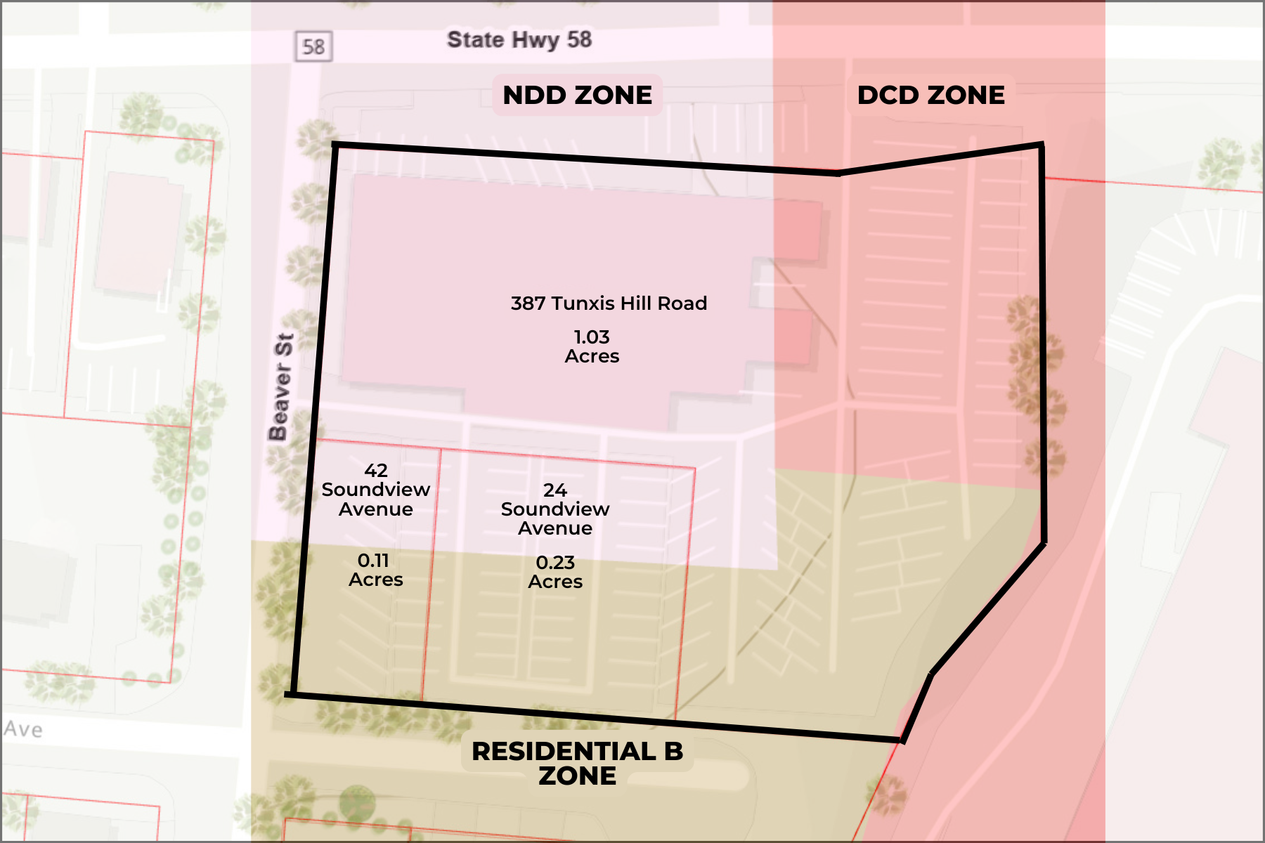 Anchored in the Neighborhood Designed Business District (NDD), the site also spans Designed Commercial (DCD) and Residential B zones, Offering Versatile Usage & Development Options.
