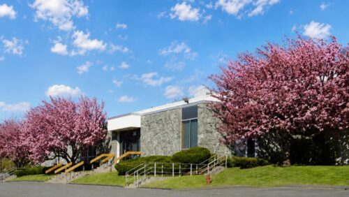 Exterior view of the commercial flex and warehouse building at 30 Nutmeg Drive in Trumbull, Connecticut, featuring a light-colored facade, manicured landscaping, and a blue sky.