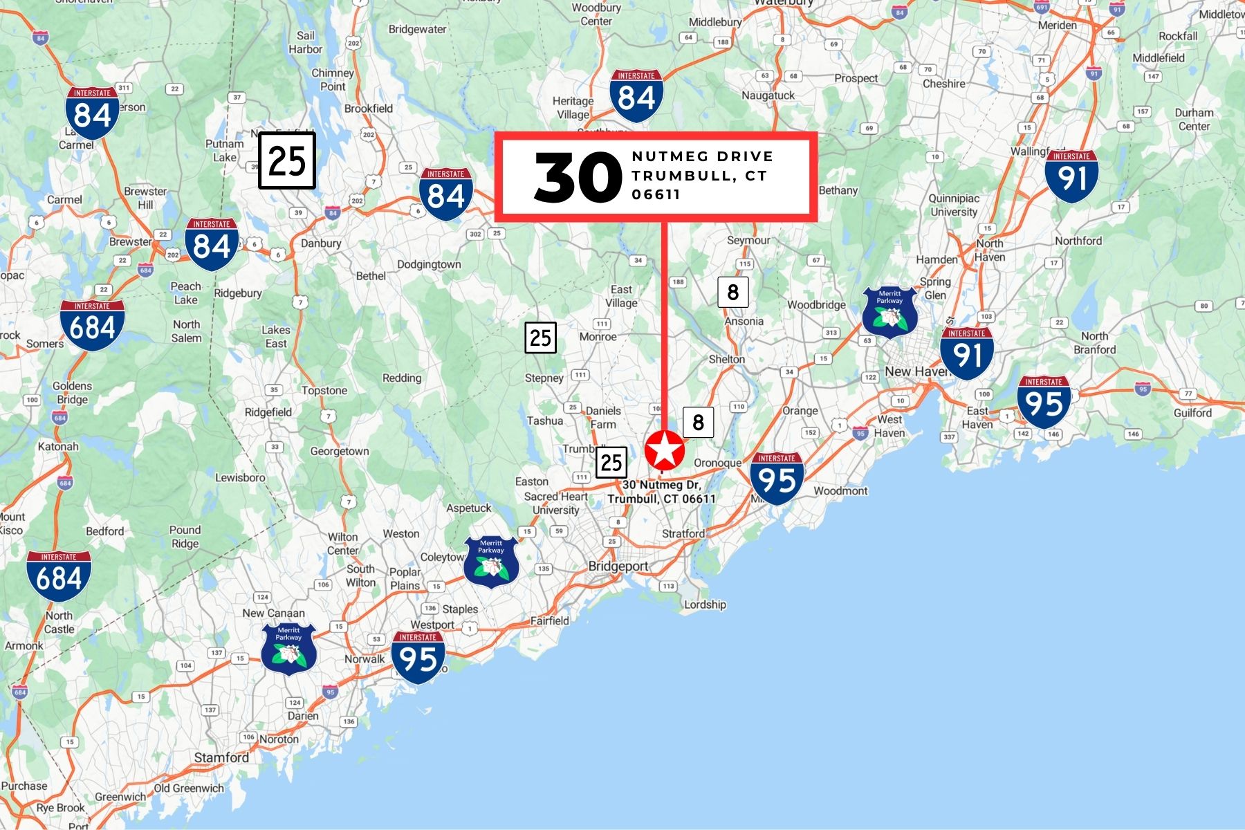 30 Nutmeg Drive Trumbull CT - Regional Highway Connectivity Map Regional transportation map of Connecticut highlighting the strategic location of 30 Nutmeg Drive in Trumbull, CT, demonstrating its proximity to major corridors including Route 8, I-95, and I-84.