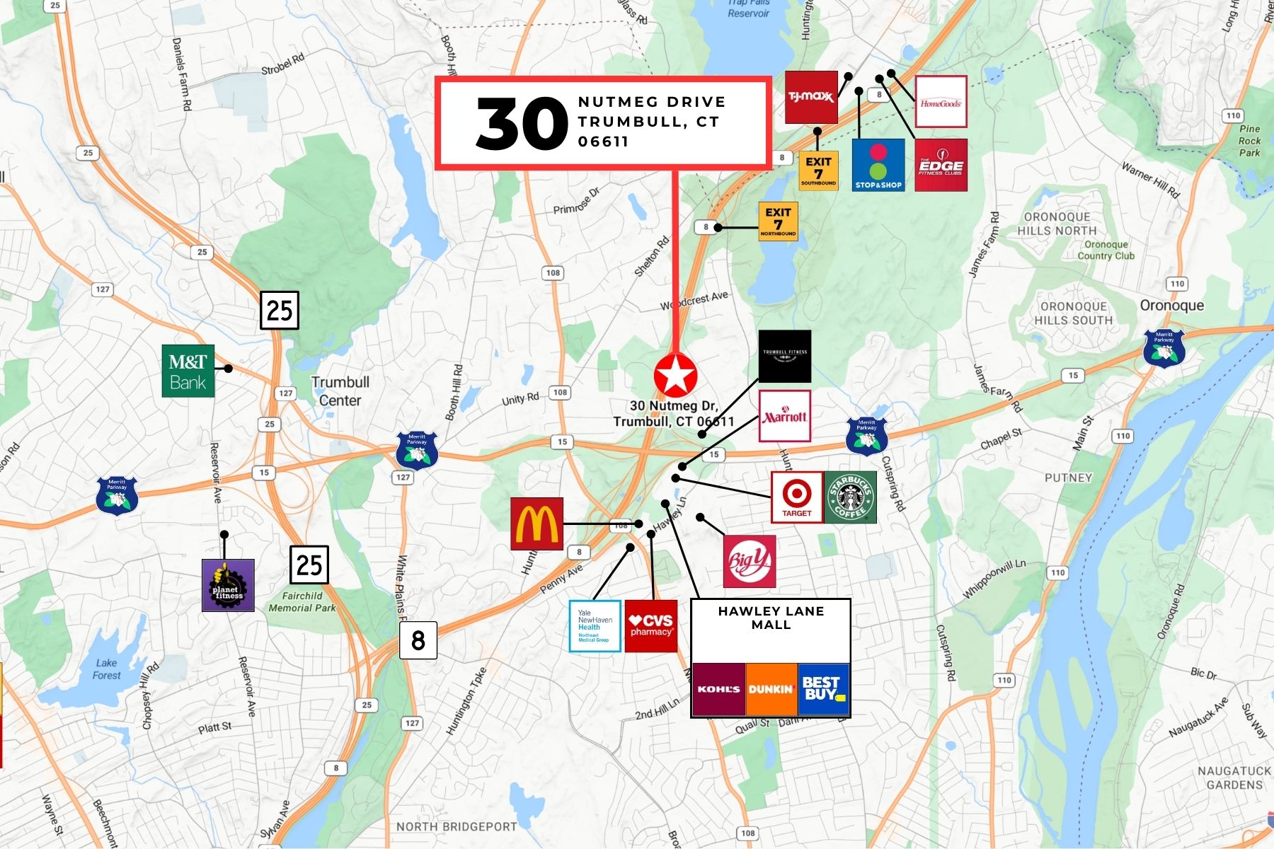 30 Nutmeg Drive Trumbull CT - Local Amenities and Retail Map Local area map centering on 30 Nutmeg Drive in Trumbull, Connecticut, highlighting nearby retail, dining, and essential neighborhood amenities.