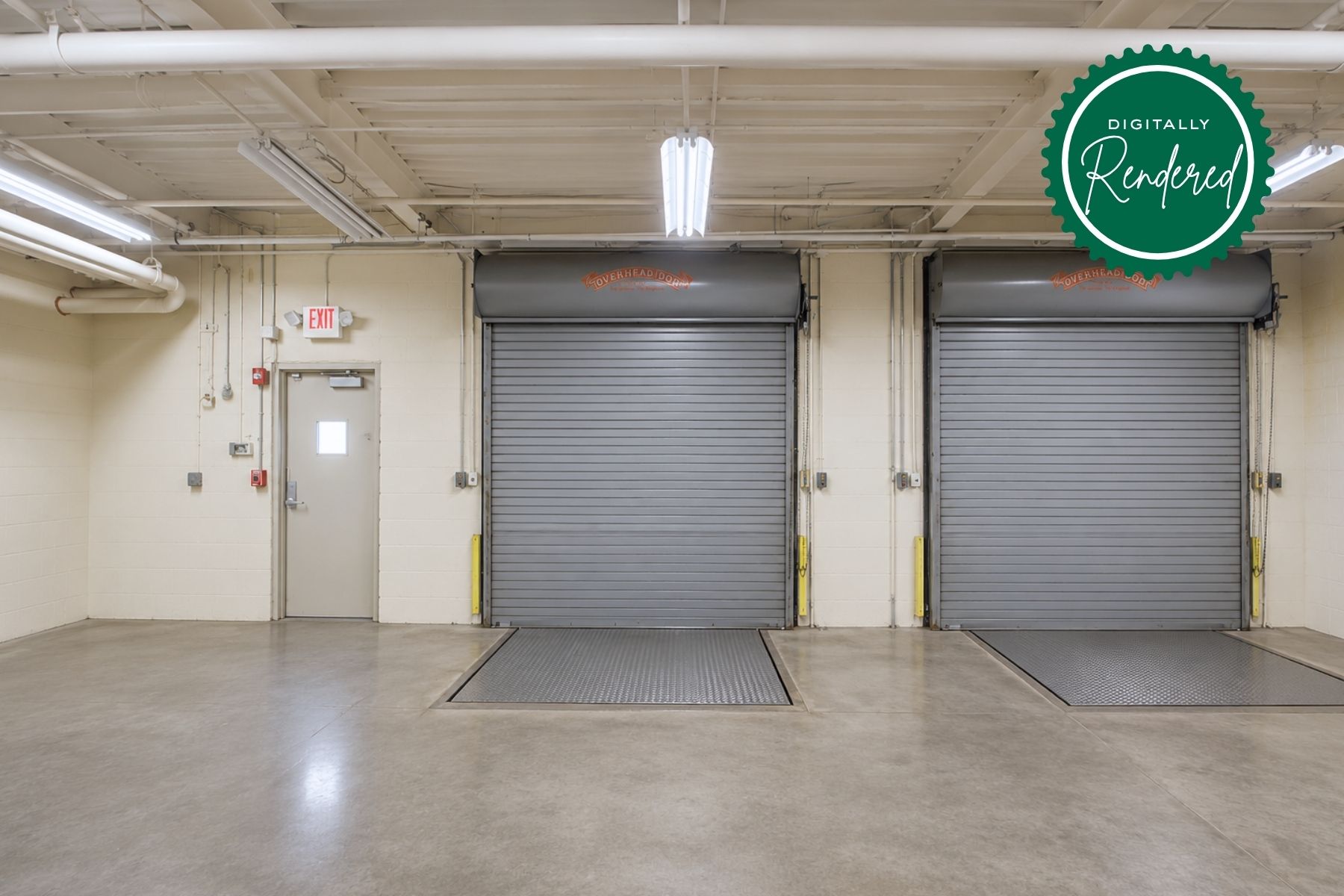 Entrance & Spacious Loading Area Interior view of two commercial loading docks featuring roll-up doors and built-in dock levelers (digitally rendered).