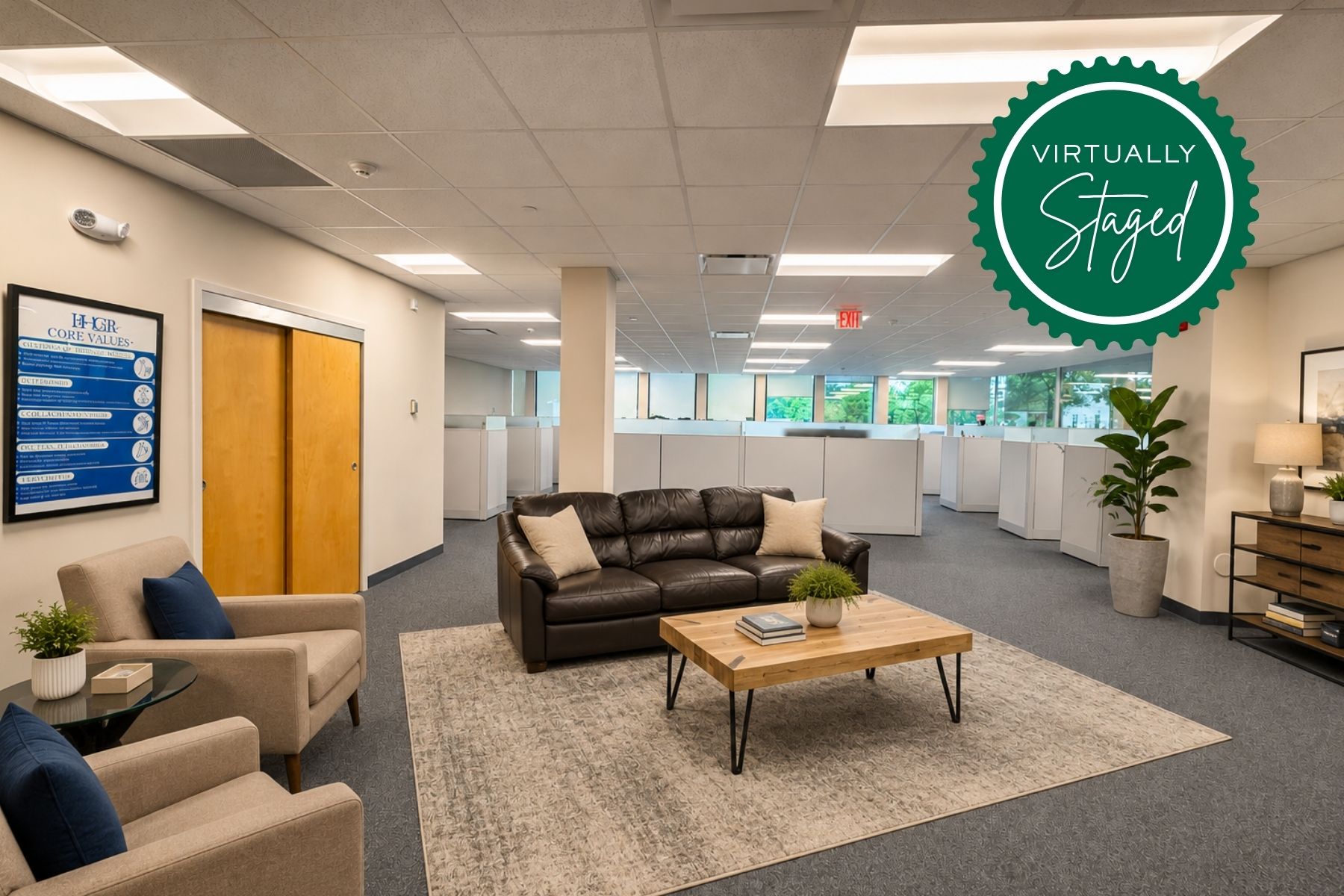 First Floor Suite - Virtually Staged Open Area Featuring Workstations, Natural Light, and a Collaborative Layout Virtually staged open-concept commercial office space at One Post Road in Fairfield, CT, featuring collaborative workstations, a relaxed seating area, and abundant natural light.