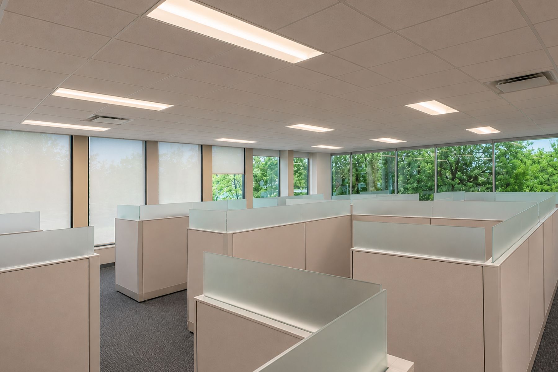 First Floor Suite - Workstation Layout With Window Views and Efficient Desk Configurations Commercial office workstation layout featuring ample natural light, large window views, and efficient desk configurations at One Post Road in Fairfield, CT.