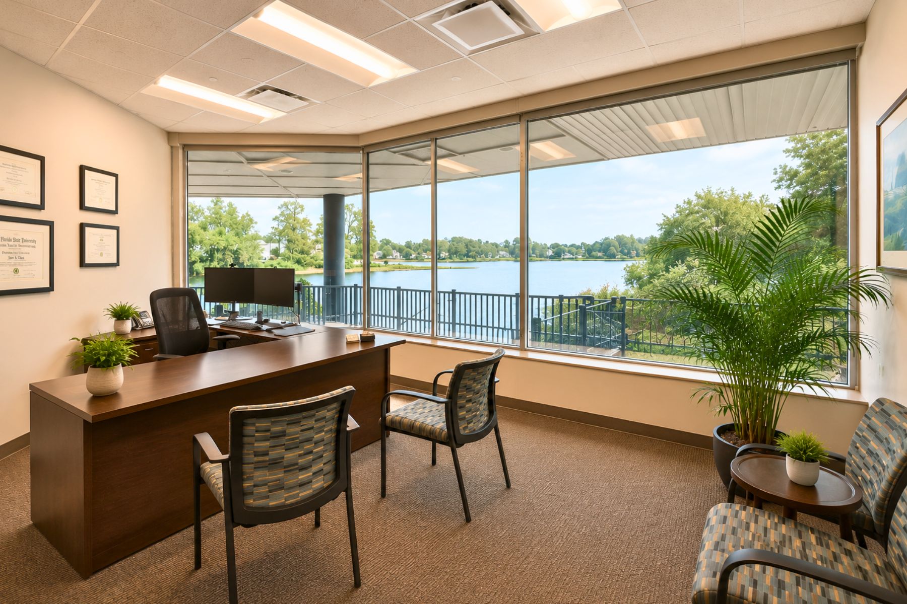 First Floor Suite - Corner Private Office with Views of Ash Creek Bright corner private office at the One Post Road commercial office building in Fairfield, CT, featuring large wrap-around windows and scenic waterfront views of Ash Creek.