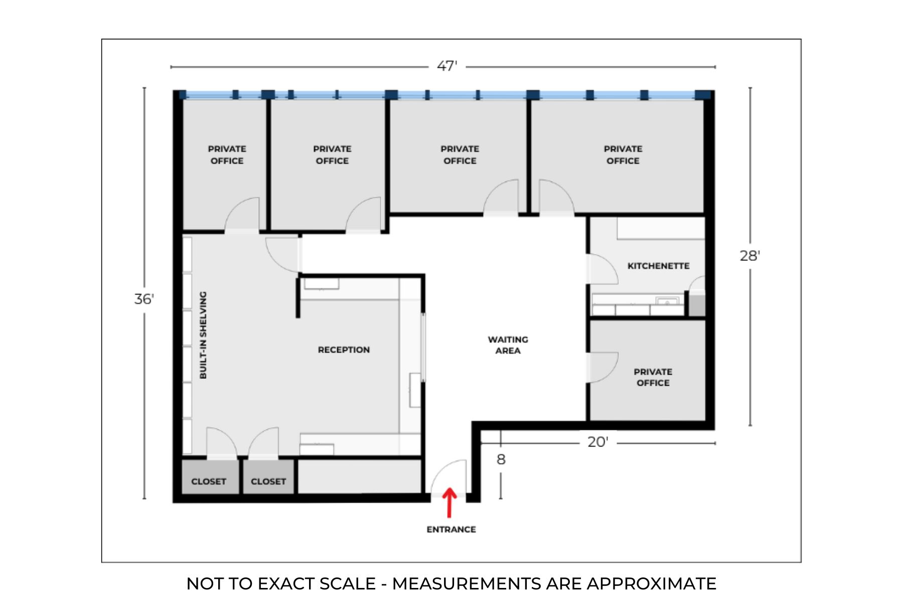 Second Floor Suite - 1,526 SF Floor Plan Second-floor commercial office suite floor plan at One Post Road in Fairfield, CT, detailing a 1,526 square foot layout with a waiting room, private offices, and a kitchenette.