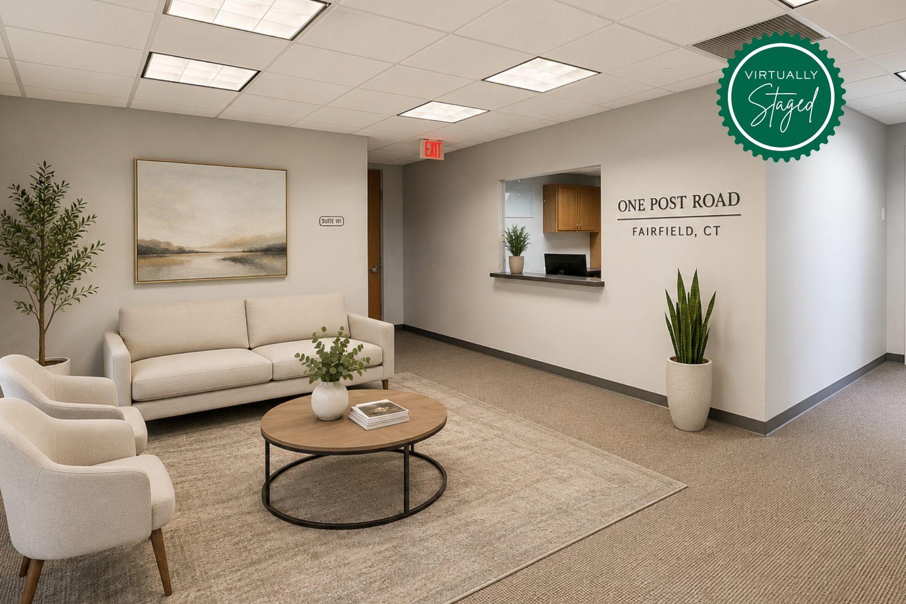 Second Floor Suite - Virtually Staged Reception & Waiting Room Virtually staged second-floor commercial office reception and waiting area at One Post Road in Fairfield, CT, featuring modern seating and a dedicated reception desk.