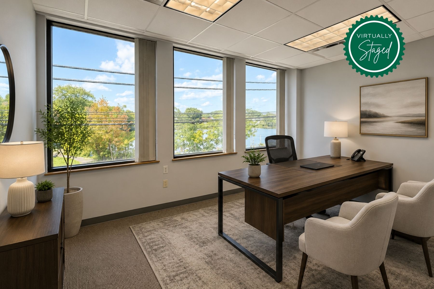 Second Floor Suite - Virtually Stage Private Office Virtually staged second-floor private office at the One Post Road commercial office building in Fairfield, CT, featuring a modern desk, guest seating, and large windows with water views of Ash Creek.