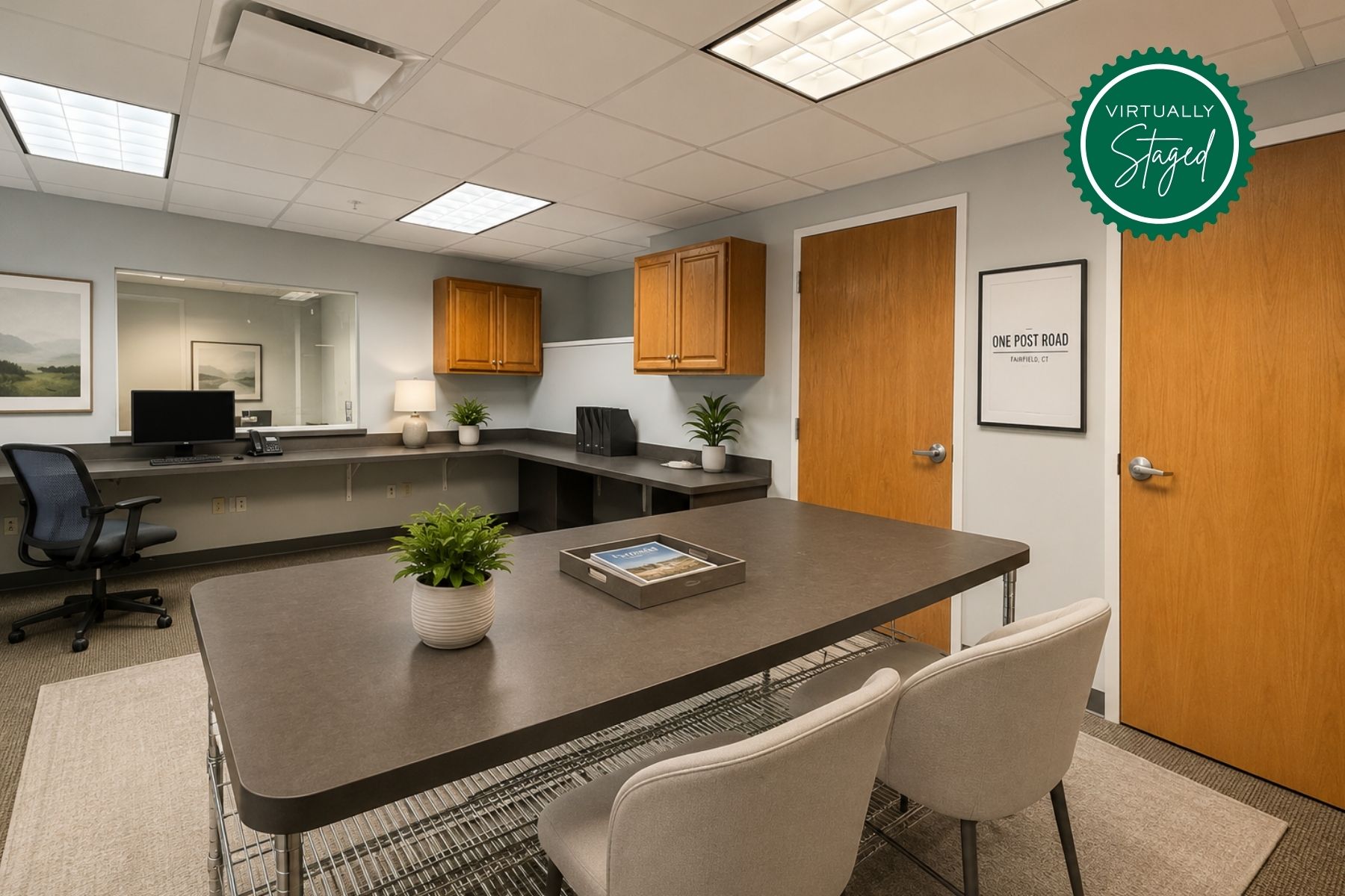 Second Floor Suite - Administrative Office Virtually staged second-floor commercial office administrative workspace at One Post Road in Fairfield, CT, featuring extensive built-in wooden cabinetry, desks, and a central collaborative table.