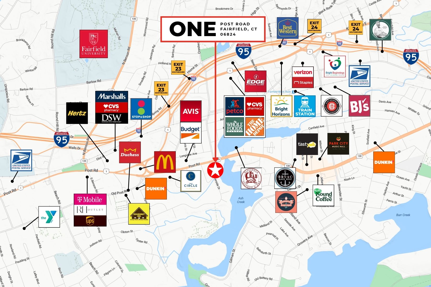 Minutes to I-95, Train Station and Near Amenities Local area map of Fairfield, CT, highlighting retail and transit options near the One Post Road commercial office building, including I-95, the train station, Whole Foods, and CVS.