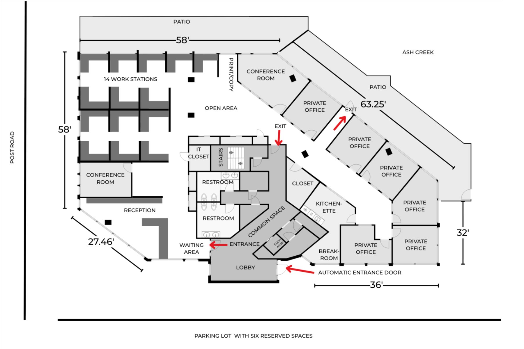 Floor Plan for First Floor Suite Includes Offices, Workstations, Breakroom, and Patio Floor Plan layout for the first-floor commercial office suite at One Post Road in Fairfield, CT, detailing private offices, workstations, a breakroom, and outdoor patio access.