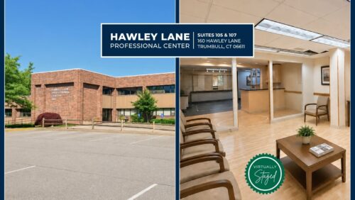 Exterior brick facade and interior office views of the 3,266 SF medical office condominium at Hawley Lane Professional Center in Trumbull, CT.