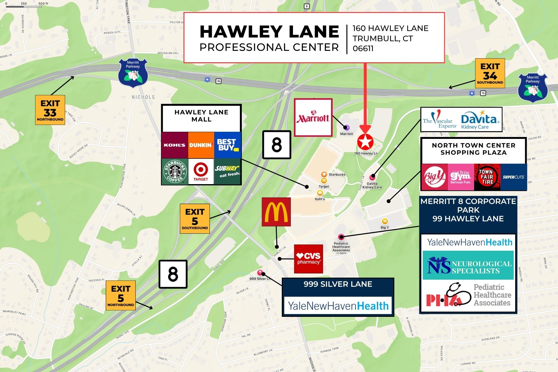 Near Route 8, the Merritt Parkway, and Amenities Regional locator map showing Hawley Lane Professional Center in Trumbull, CT, and its proximity to Route 8, the Merritt Parkway, and local amenities.