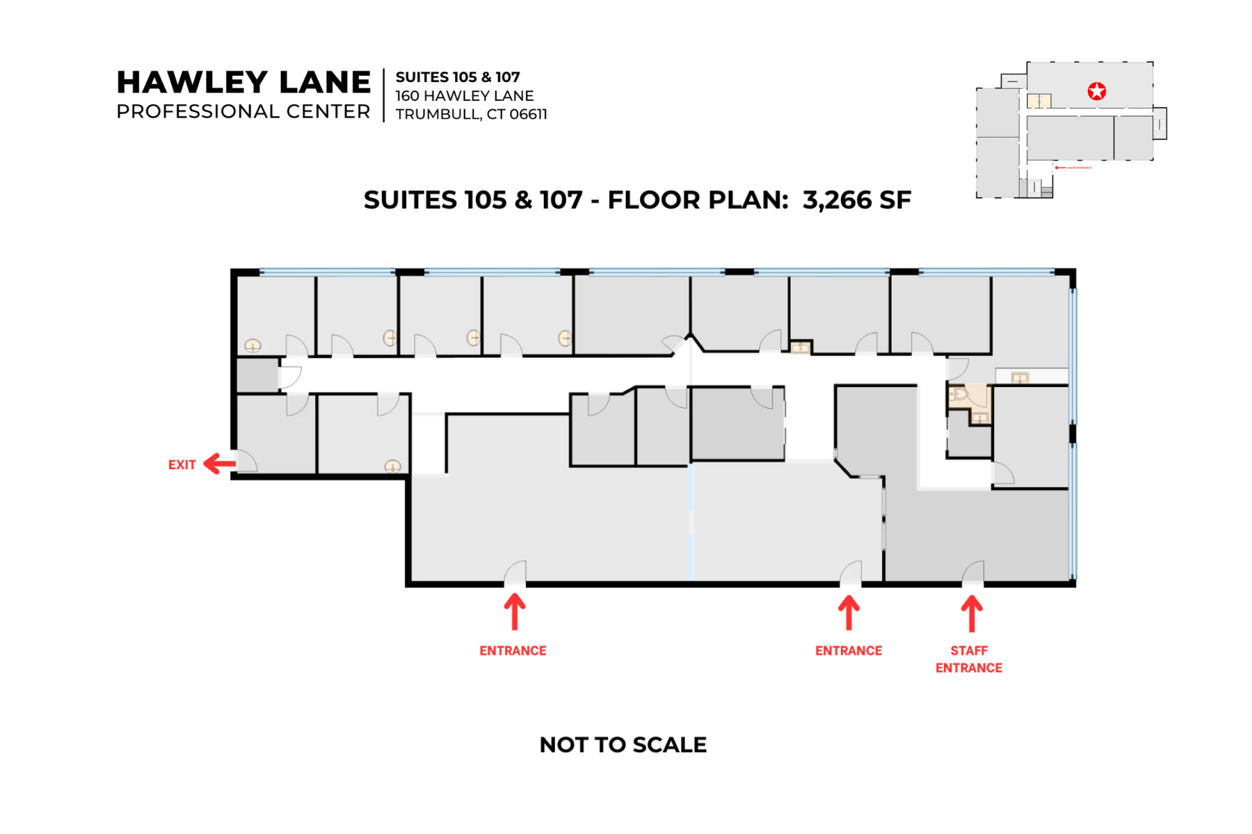 Floor Plan for Suites 105 & 107 Commercial medical office floor plan layout for Suites 105 and 107 at Hawley Lane Professional Center in Trumbull, CT.