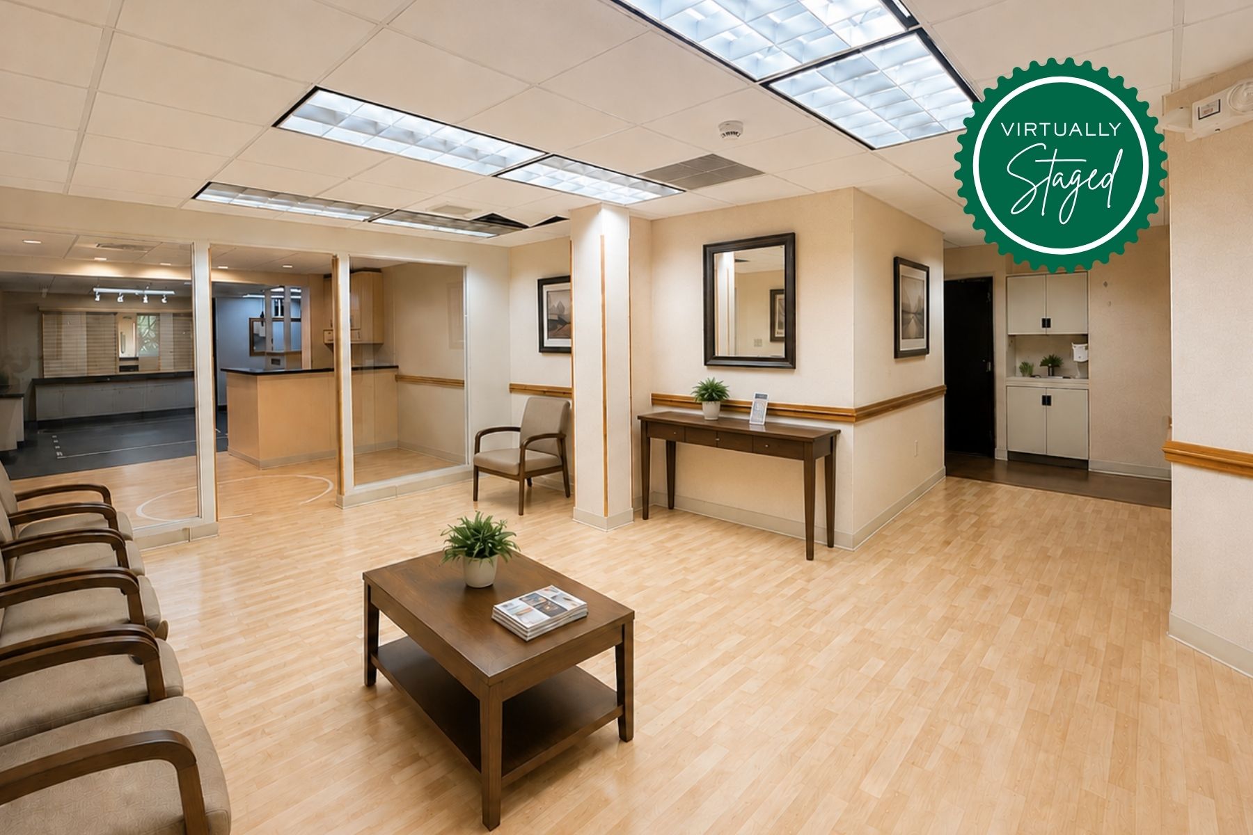 Open Area (Virtually Staged) Virtually staged spacious medical office waiting room and reception seating area at Hawley Lane Professional Center in Trumbull, CT.