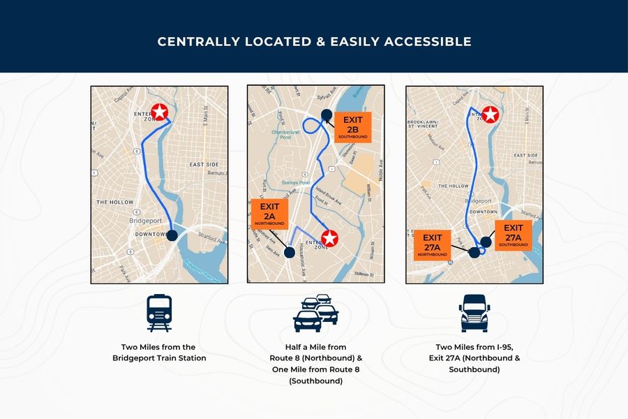 Excellent Location Less Than One Mile From Route 8 and Minutes to I-95, Route 25, and Merritt Parkway Excellent Location Less Than One Mile From Route 8 and Minutes to I-95, Route 25, and Merritt Parkway