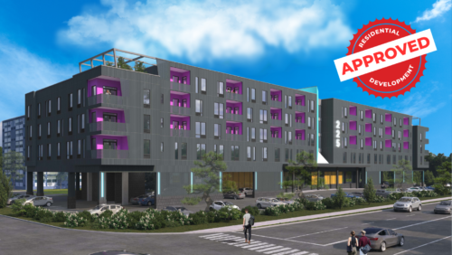 Modern 5-Story Mixed-Use Building Rendering With Gray And Purple Accents.