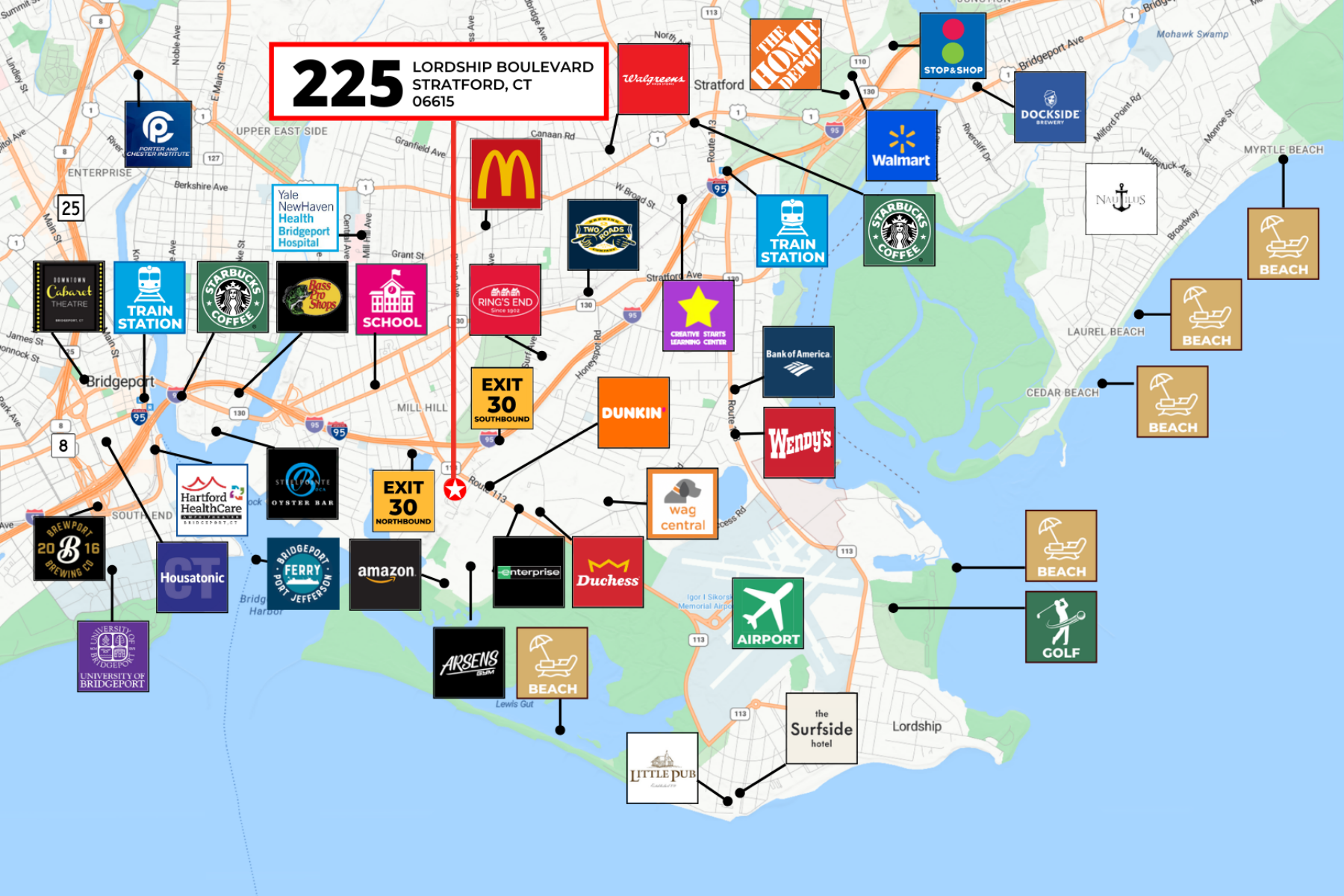 Local Amenities & Corporate Neighbors. Prime Retail & Dining Area map of Stratford featuring logos of nearby major retailers, restaurants, and transit stations.