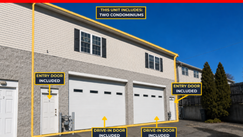 Exterior view of 15 South Street in Norwalk, CT, a 3,600 SF industrial flex building for sale featuring a drive-in door and a "Price Reduction" banner.
