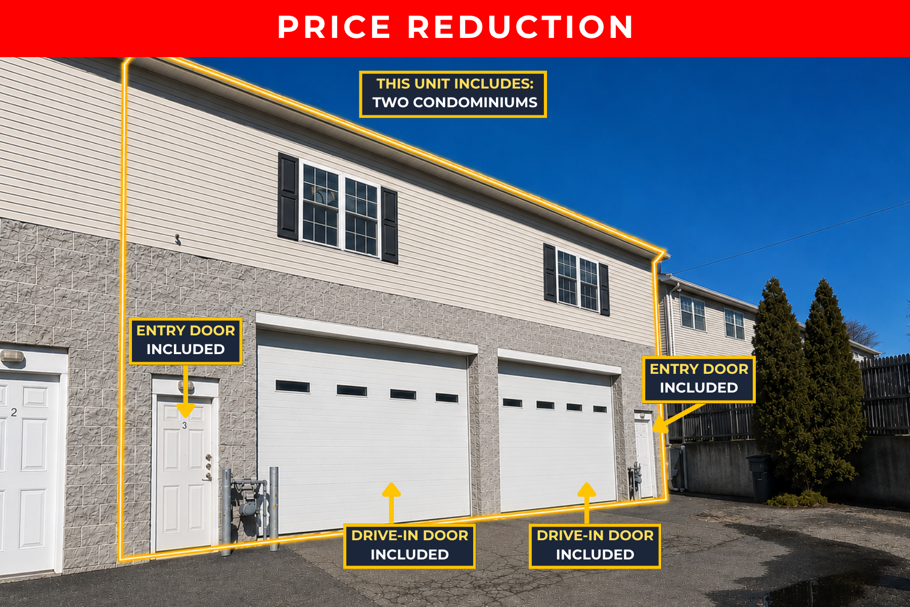 15 South Street, Norwalk, CT - Industrial Flex Space for Sale Exterior view of 15 South Street in Norwalk, CT, a 3,600 SF industrial flex building for sale featuring a drive-in door and a "Price Reduction" banner.