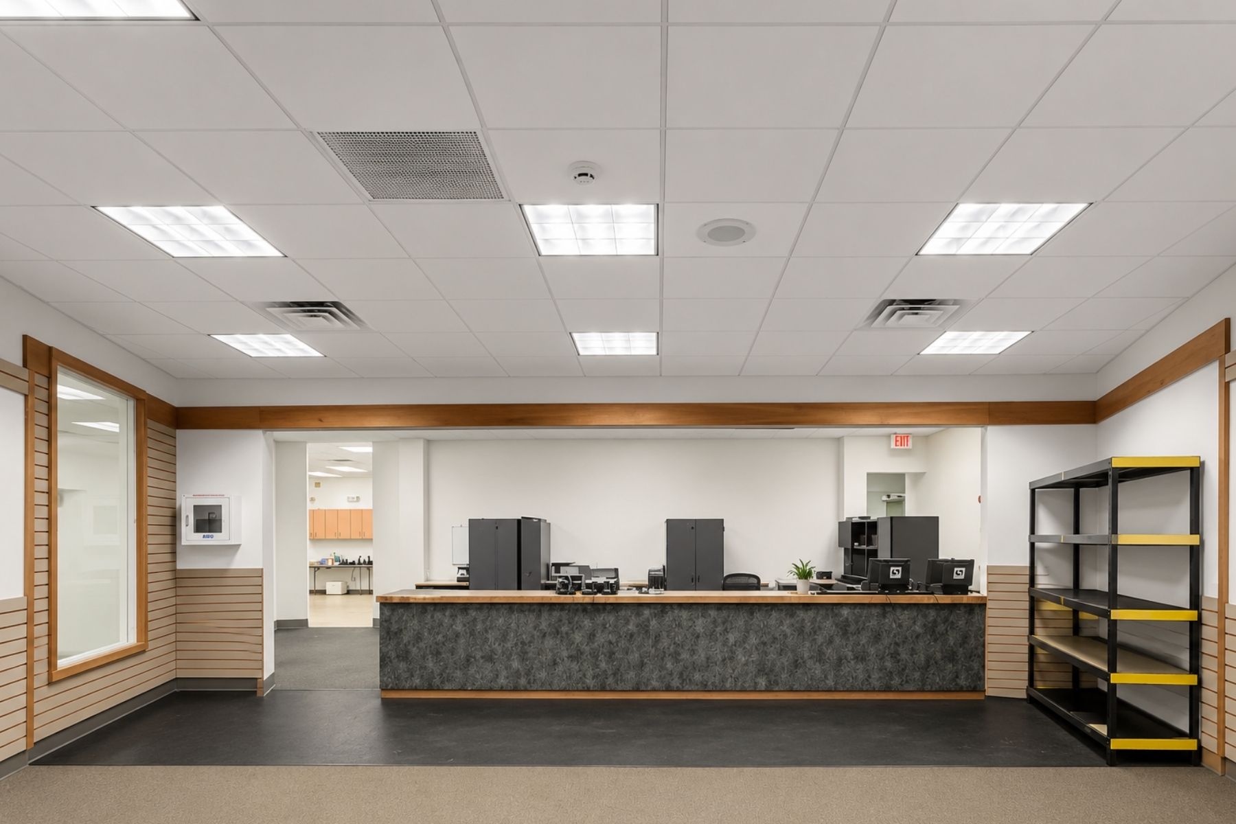 Versatile Retail Showroom Featuring Built-In Service Counter and Flexible Wall Space for Custom Merchandise Displays Retail showroom interior featuring a long built-in service counter, custom merchandise display walls, and drop ceiling lighting.