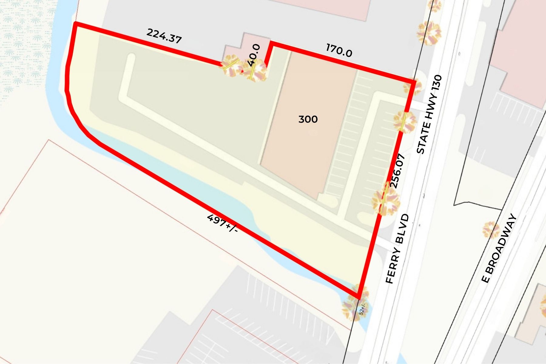 256' Frontage with Two Curb Cuts Commercial property parcel map highlighting two hundred fifty-six feet of street frontage and two curb cuts.
