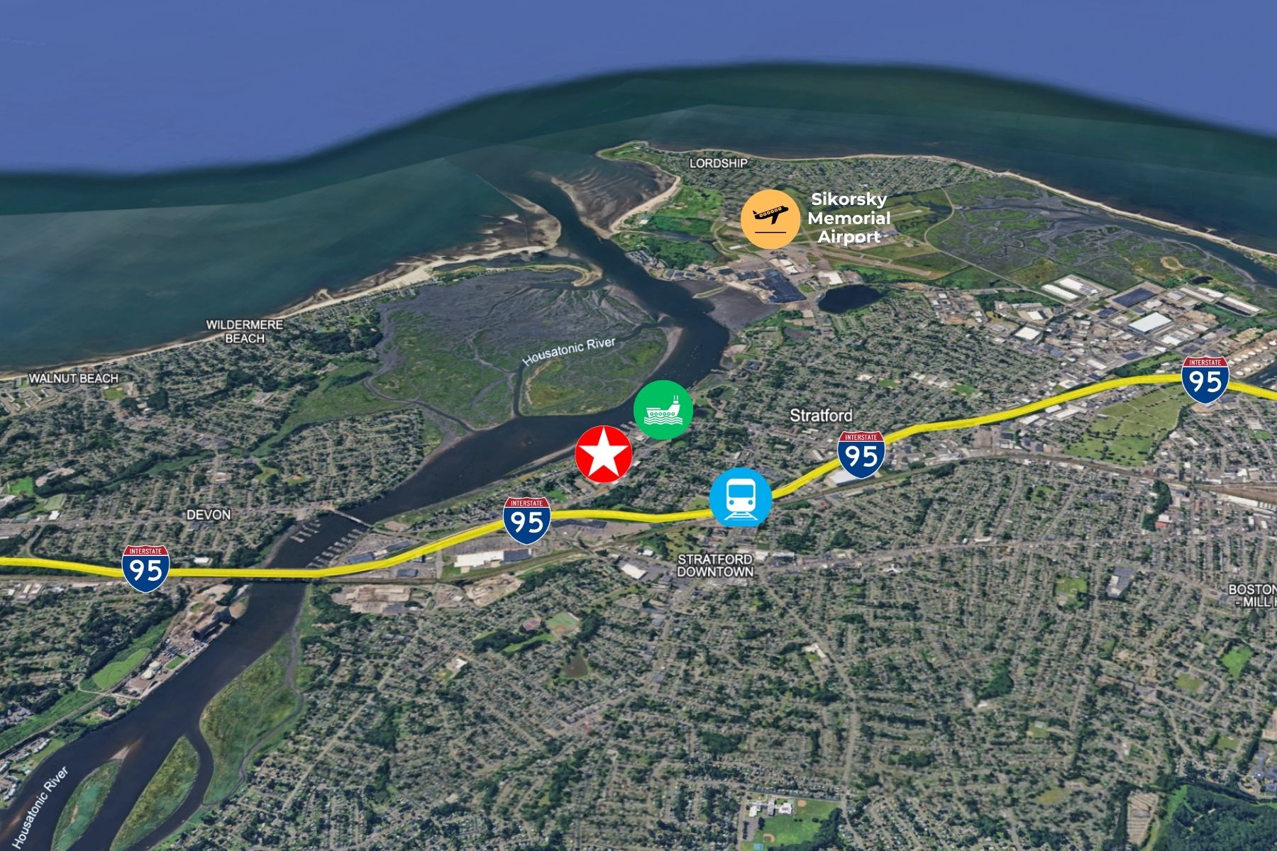 Unmatched Regional Connectivity erial map of the Stratford area highlighting proximity to Interstate 95 and regional transit routes.