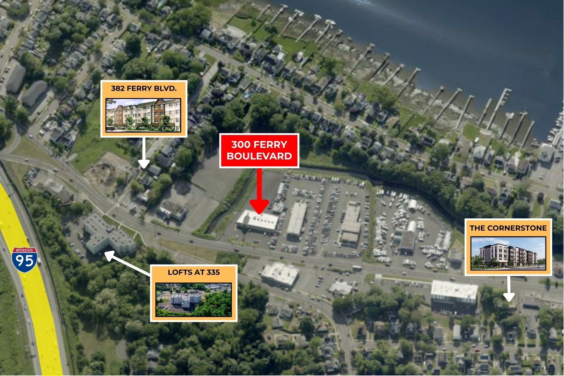 The Ferry Boulevard Epicenter Aerial map highlighting 300 Ferry Boulevard at the center of nearby commercial developments and local landmarks.