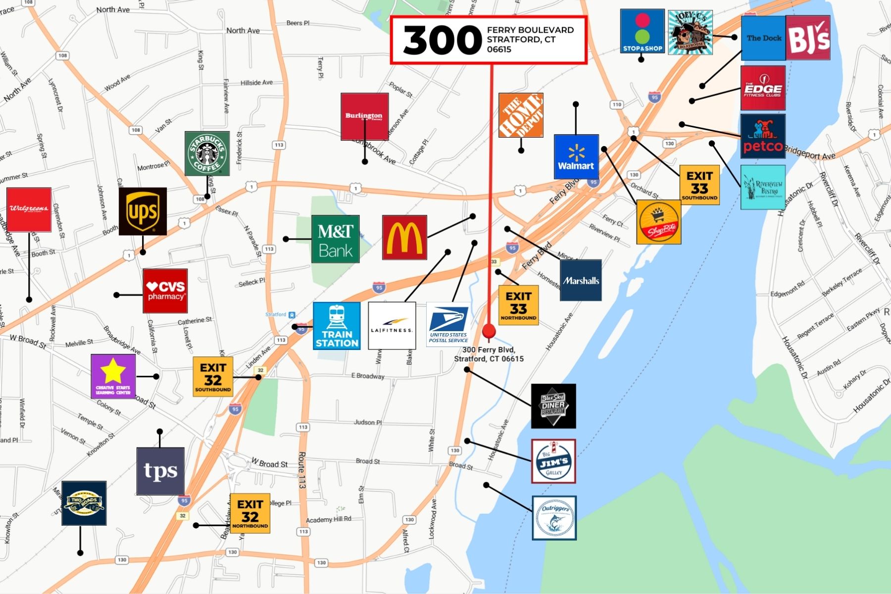 Strategic Retail Corridor Location map highlighting nearby national retailers along the Ferry Boulevard commercial corridor.