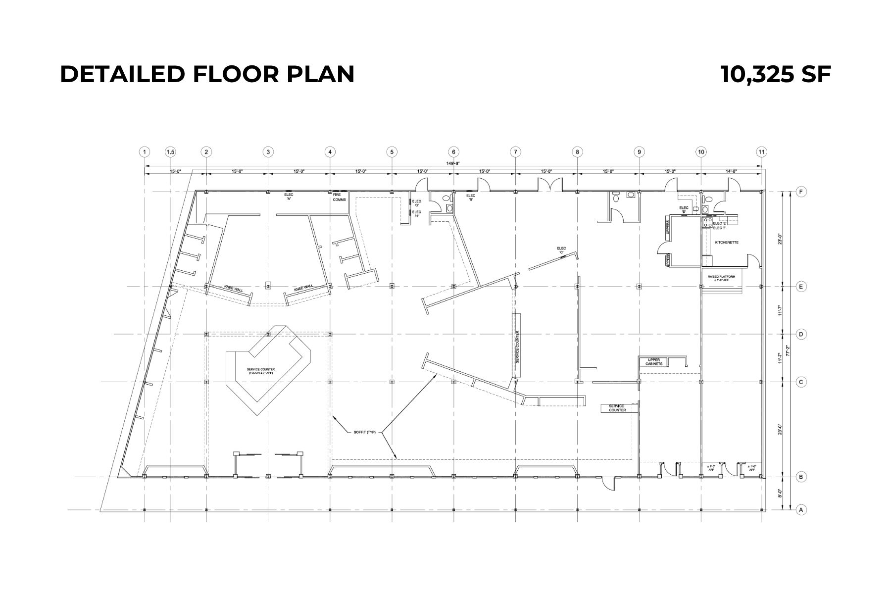 Detailed 10,325 SF Floor Plan_ Flexible Open-Concept Layout For Premier Retail Detailed architectural blueprint and floor plan layout for a ten thousand three hundred twenty-five square foot commercial retail building.