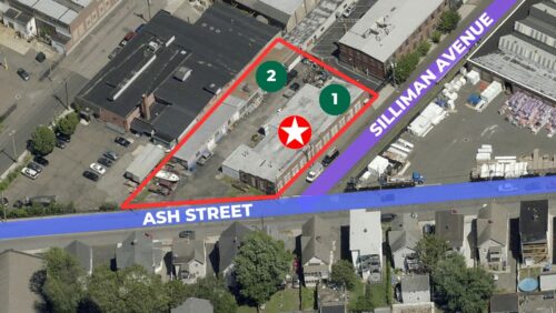 Aerial view map of 120 Silliman Avenue in Bridgeport, CT, highlighting the industrial property boundary and its proximity to Ash Street and the surrounding West End neighborhood.
