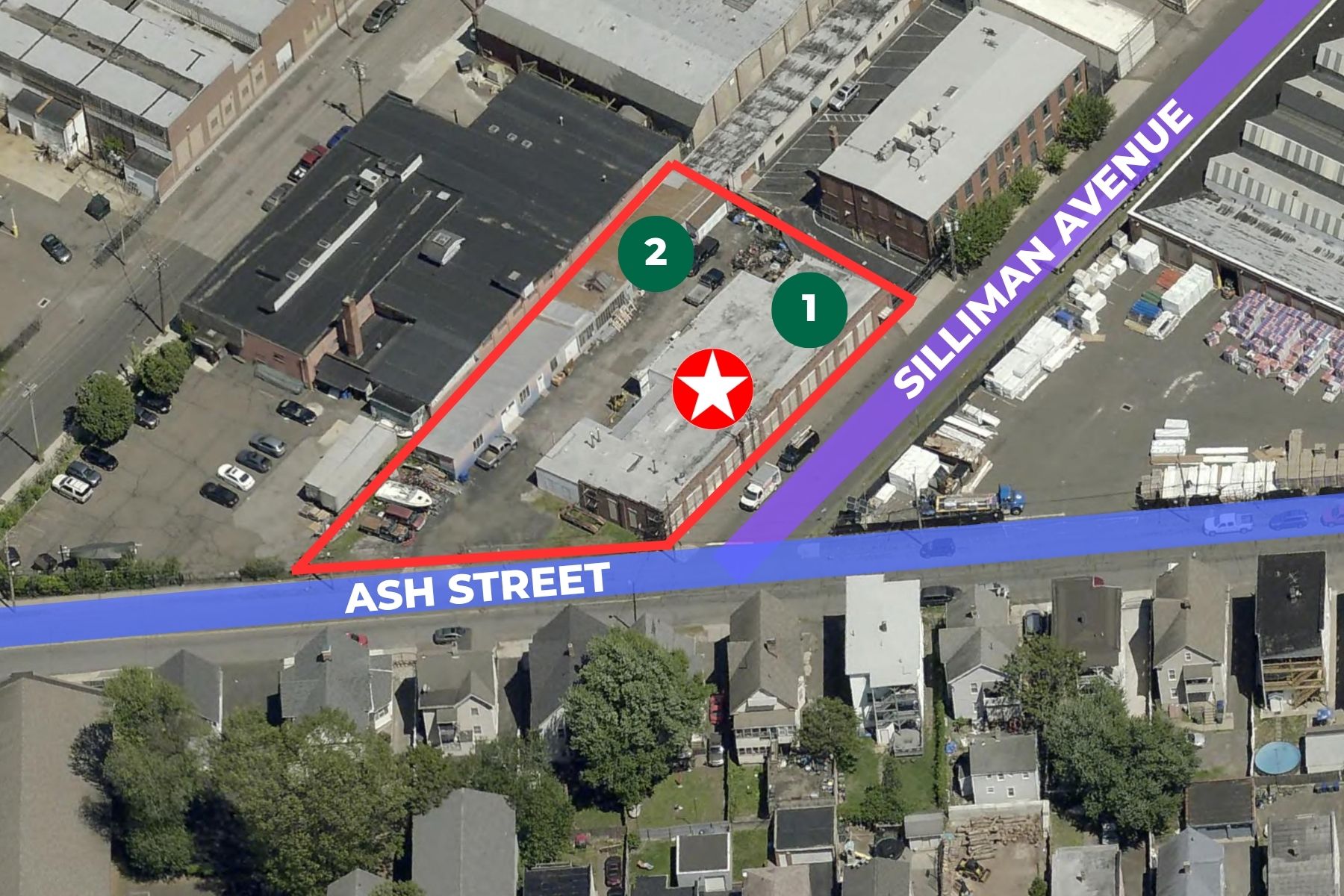 Operational 10,900+ SF Facility Across Two Buildings Aerial view map of 120 Silliman Avenue in Bridgeport, CT, highlighting the industrial property boundary and its proximity to Ash Street and the surrounding West End neighborhood.