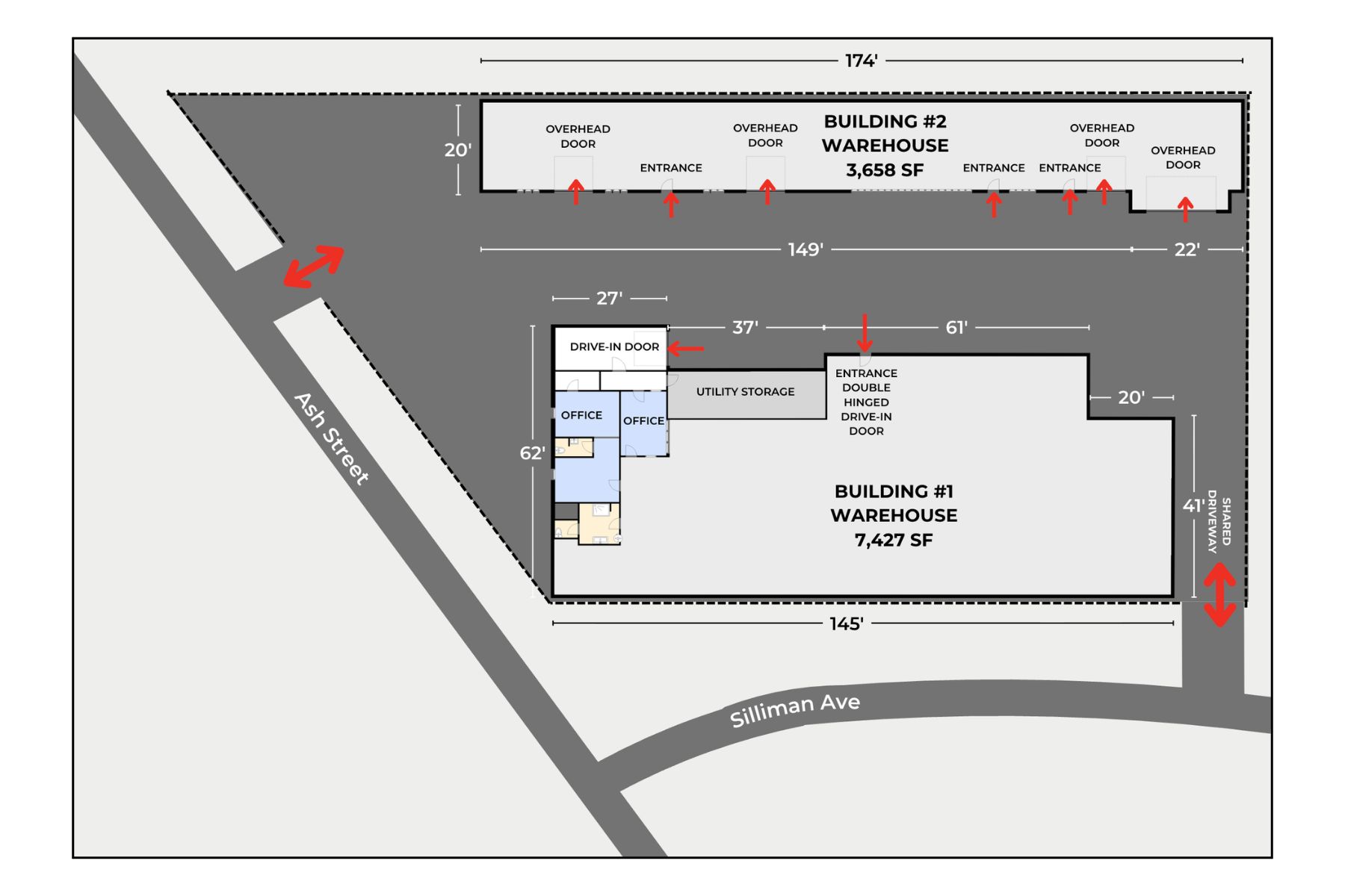 10,995 SF Industrial Site with Two Multi-Bay Warehouses and a Shared Driveway on a Prime Bridgeport Corner Lot Site plan of the industrial property at 120 Silliman Avenue in Bridgeport, CT, featuring two distinct warehouse buildings and a gated lot on a 0.59-acre corner site