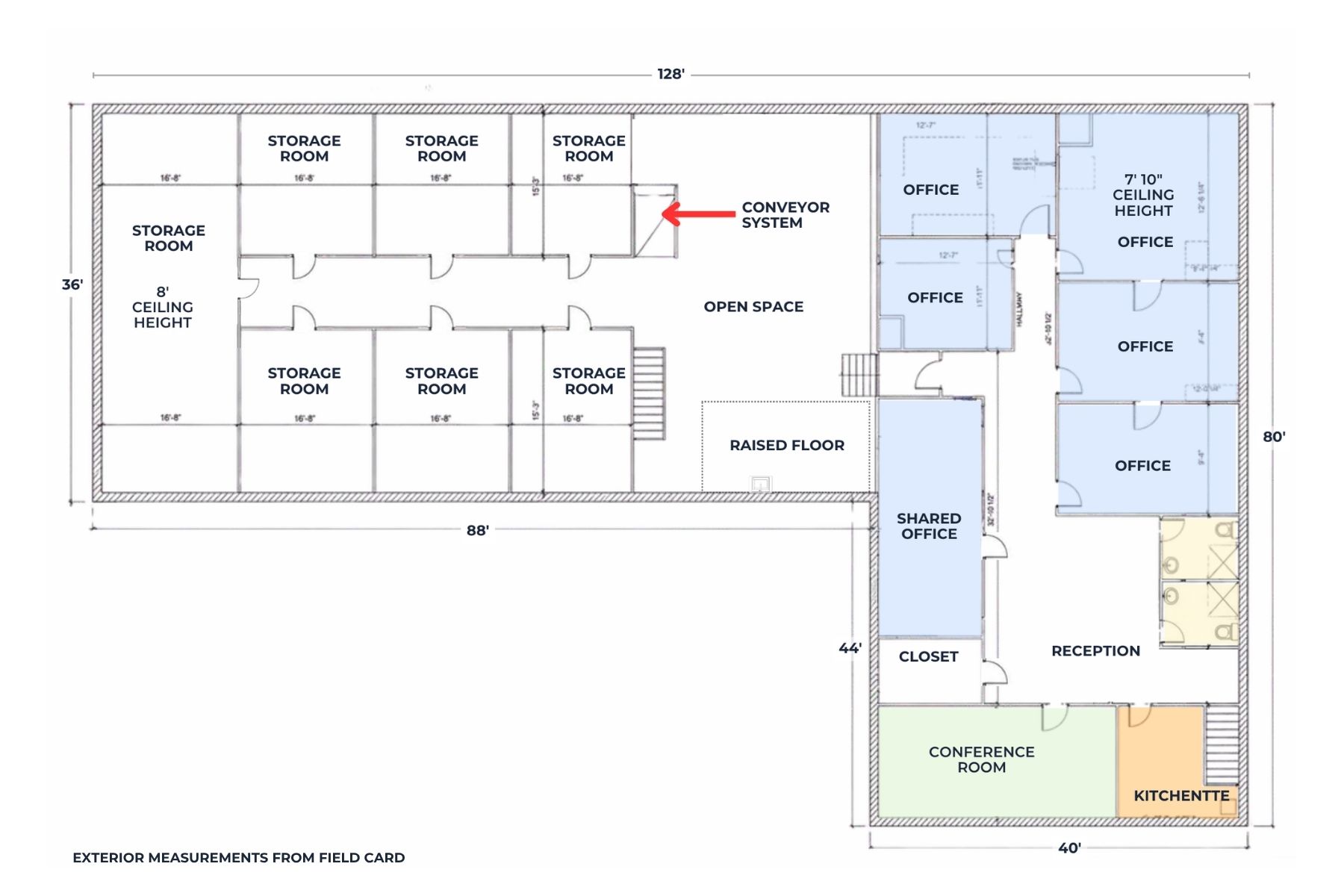 Second Floor Plan With Private Offices and Warehouse Access Detailed second-floor plan for 20 Garland Drive, Stamford, CT, highlighting the layout of private offices, professional administrative space, and direct access to the warehouse storage area.