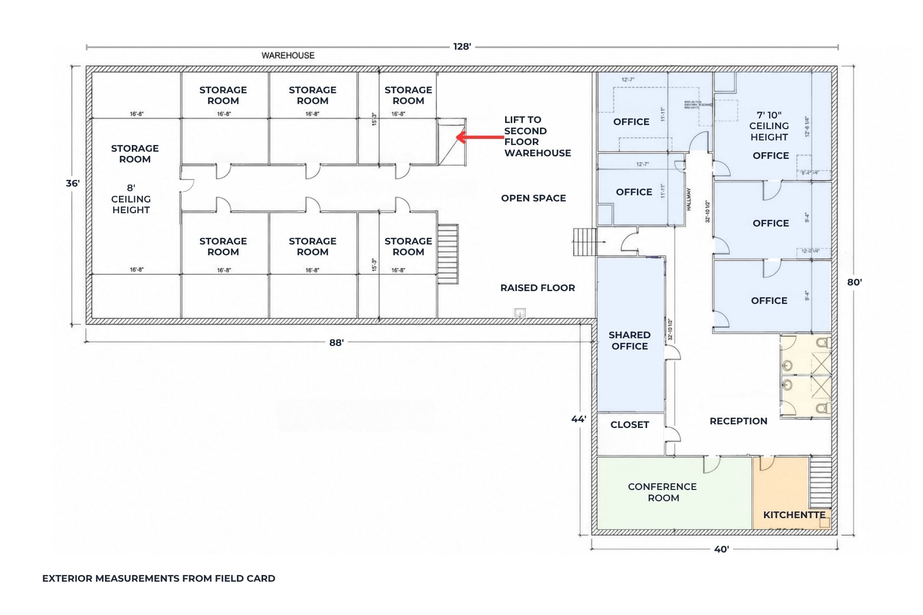 Second Floor Plan With Private Offices and Warehouse Access Detailed second-floor plan for 20 Garland Drive, Stamford, CT, highlighting the layout of private offices, professional administrative space, and direct access to the warehouse storage area.