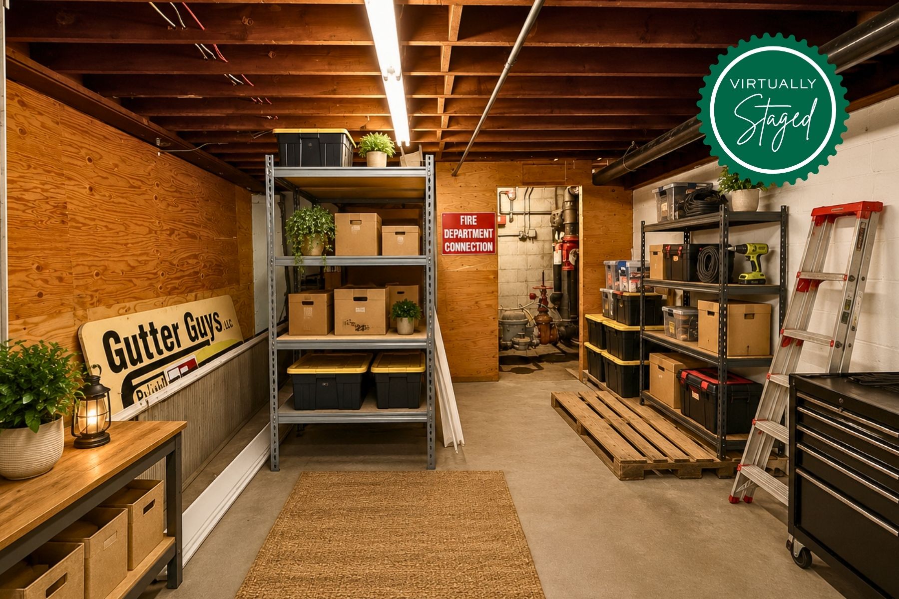 Secure Industrial Storage Secure industrial storage area at 20 Garland Drive, Stamford, CT, featuring high-clearance ceilings, organized racking systems, and durable wood flooring for inventory management.