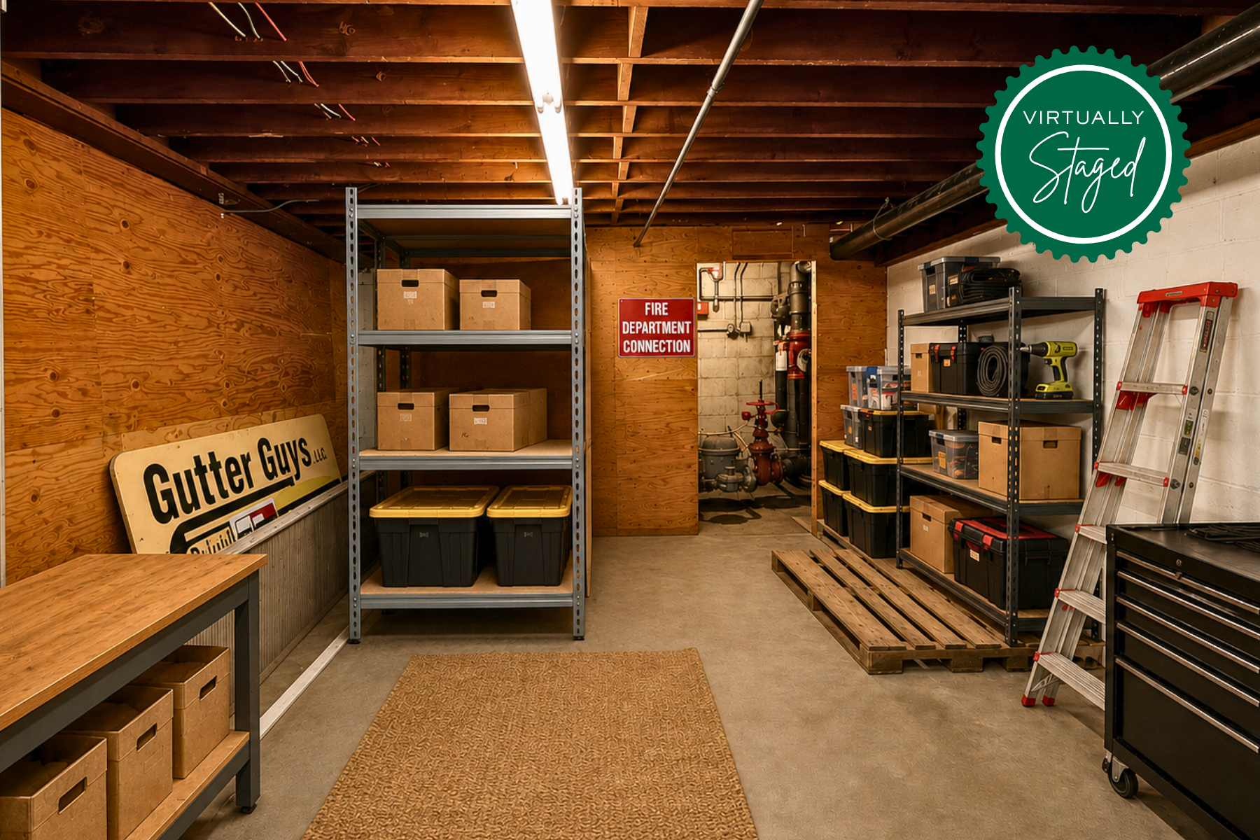 Secure Industrial Storage Secure industrial storage area at 20 Garland Drive, Stamford, CT, featuring high-clearance ceilings, organized racking systems, and durable wood flooring for inventory management.
